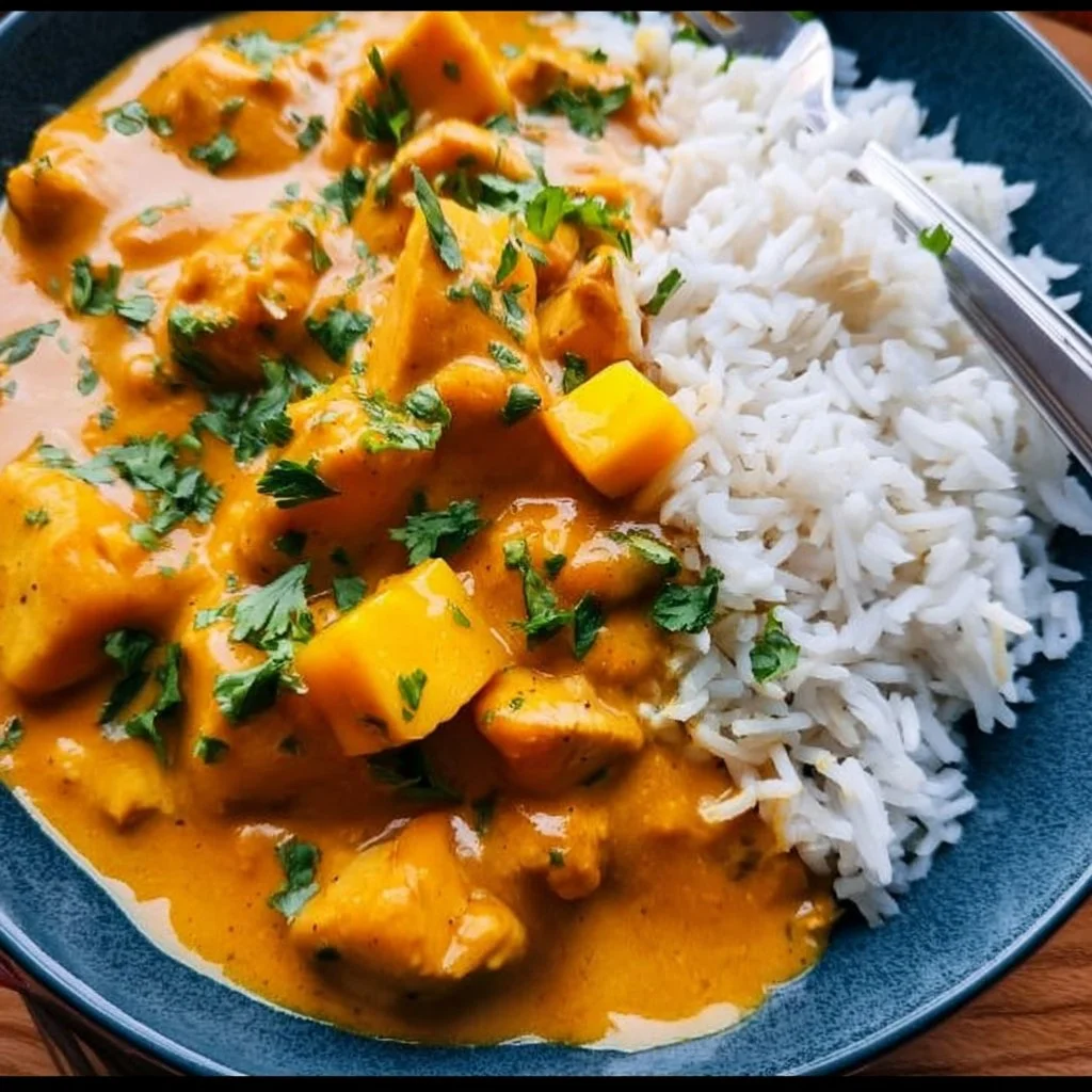Delicious Mango Chicken Curry served with rice and garnished with fresh herbs.