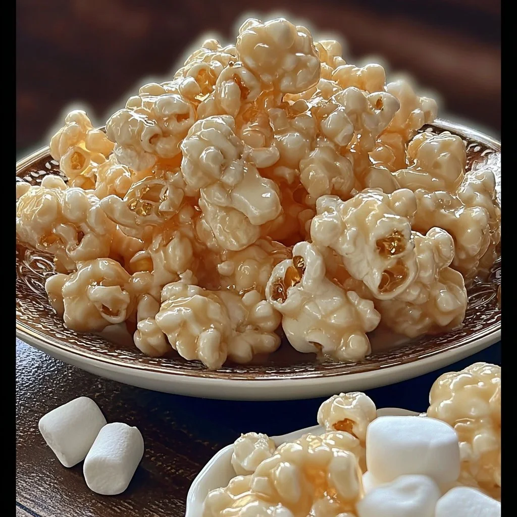 Delicious marshmallow caramel corn in a bowl, topped with chocolate drizzles