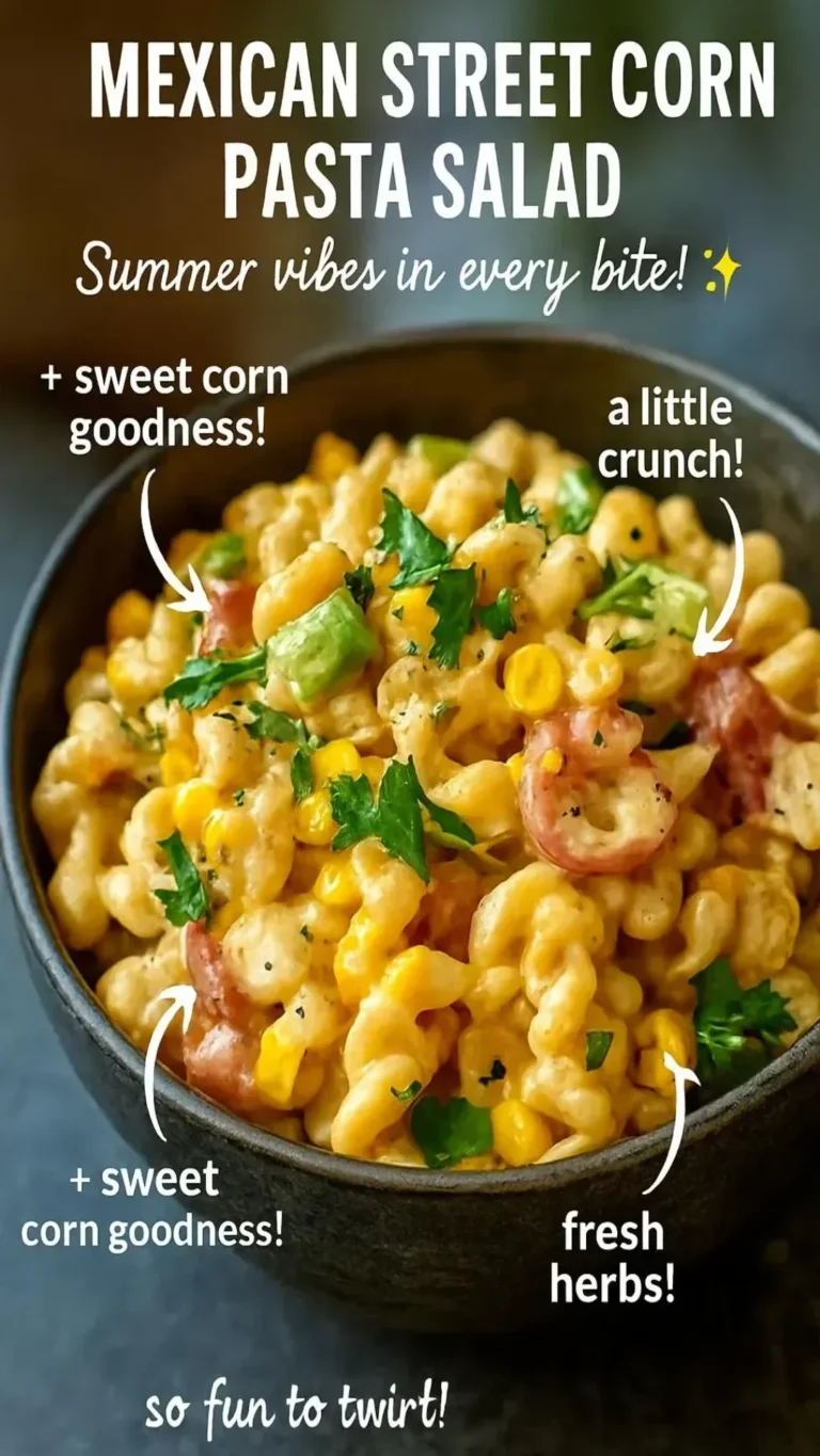 Delicious Mexican street corn pasta salad with colorful ingredients.