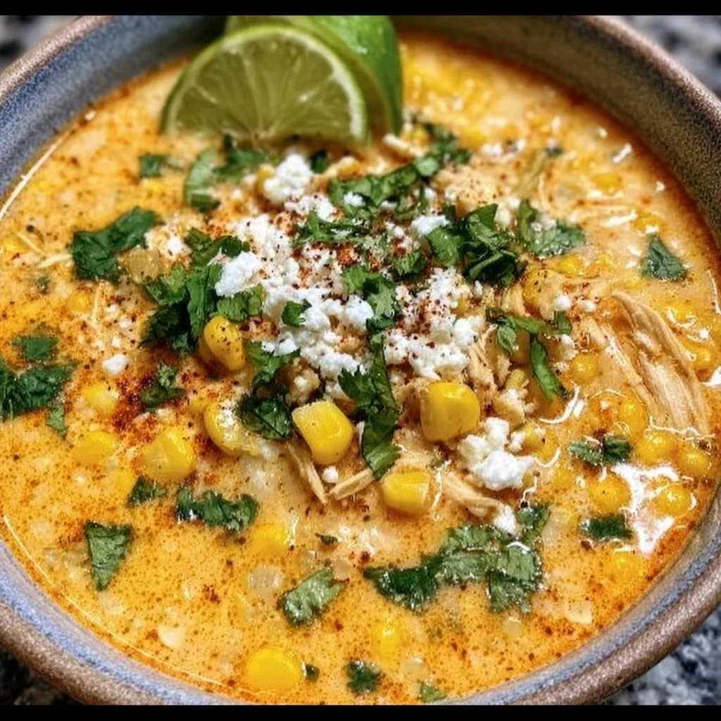 Bowl of Mexican Street Corn Soup topped with cilantro and cheese