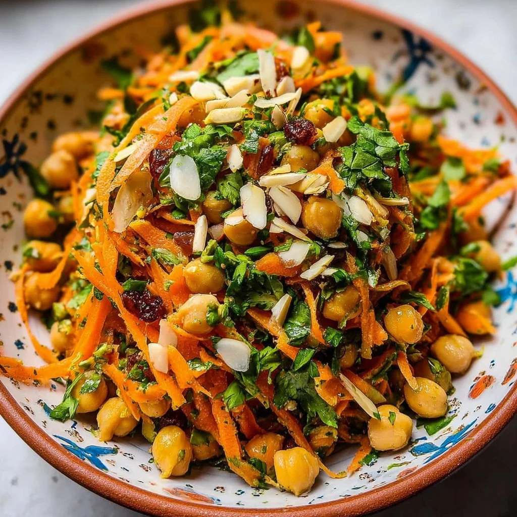 Moroccan carrot and chickpea salad garnished with fresh herbs