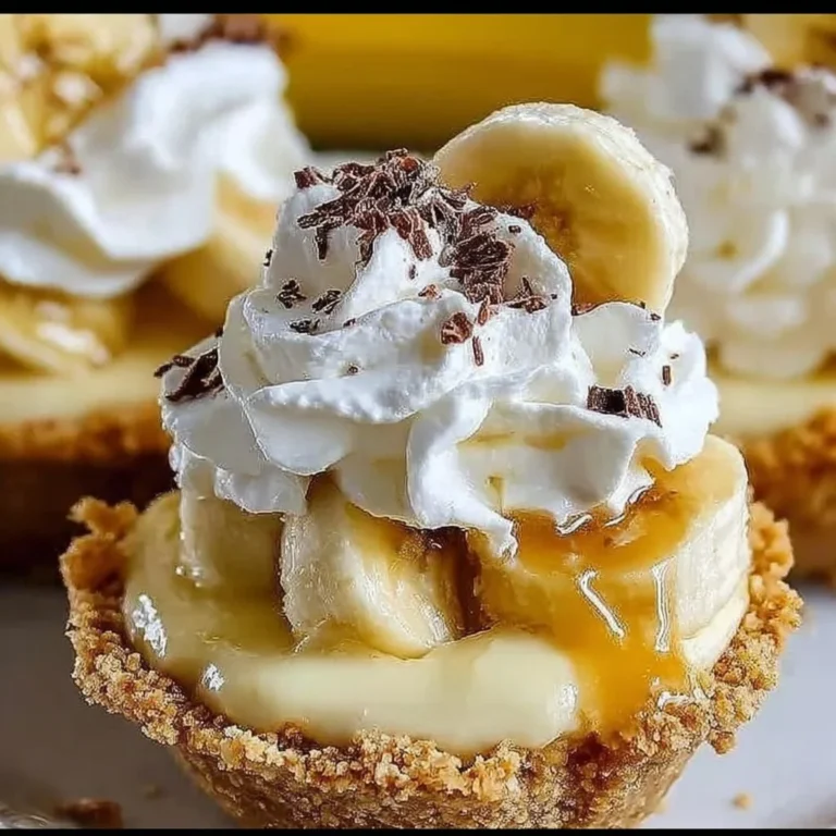 No-bake mini banana cream pies topped with whipped cream and banana slices