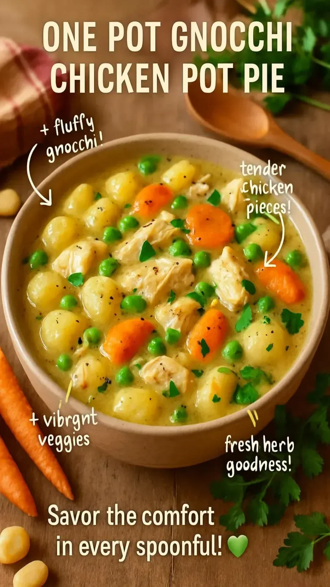 Delicious one pot gnocchi chicken pot pie served in a rustic dish
