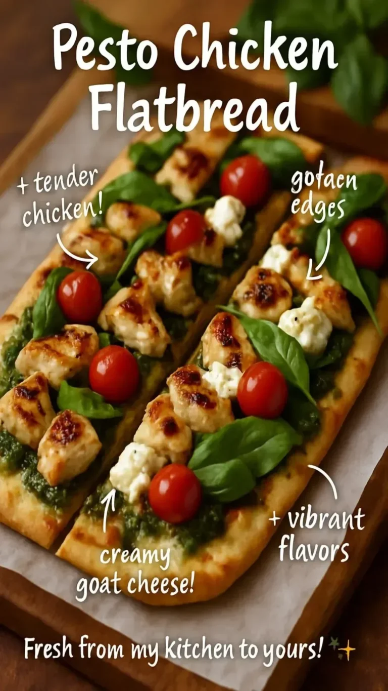 Pesto chicken flatbread topped with fresh basil and tomatoes