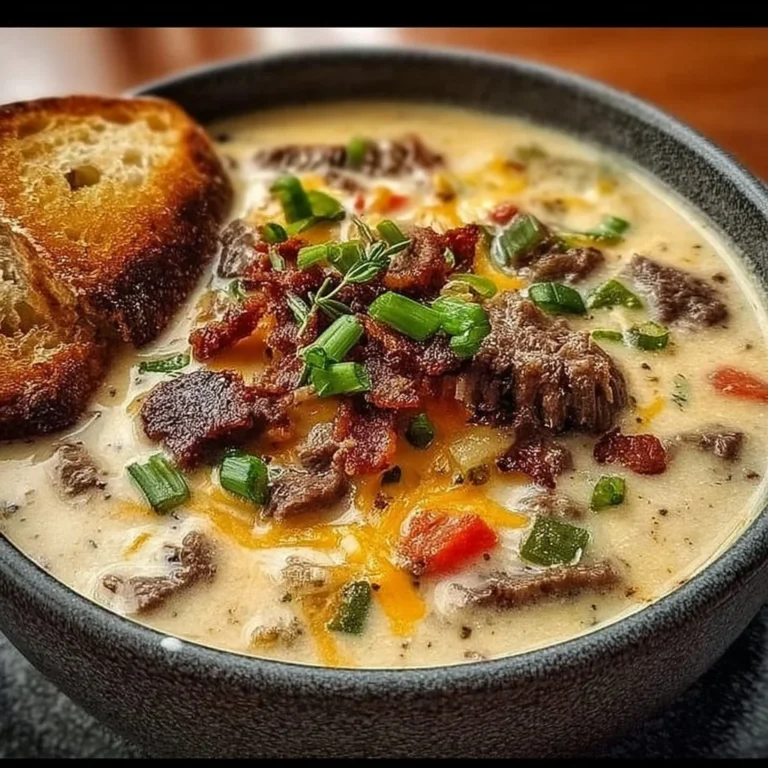 Delicious bowl of Philly Cheesesteak Soup topped with cheese and herbs