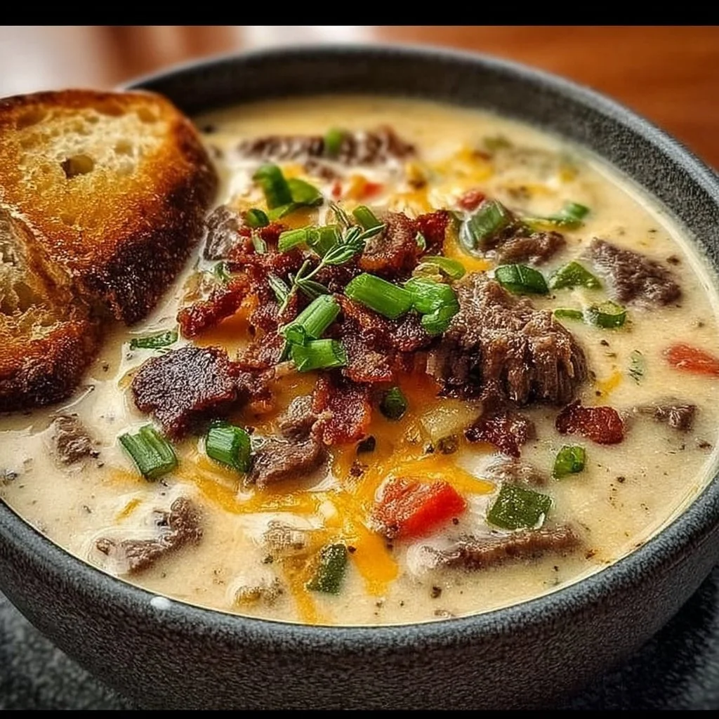 Delicious bowl of Philly Cheesesteak Soup topped with cheese and herbs