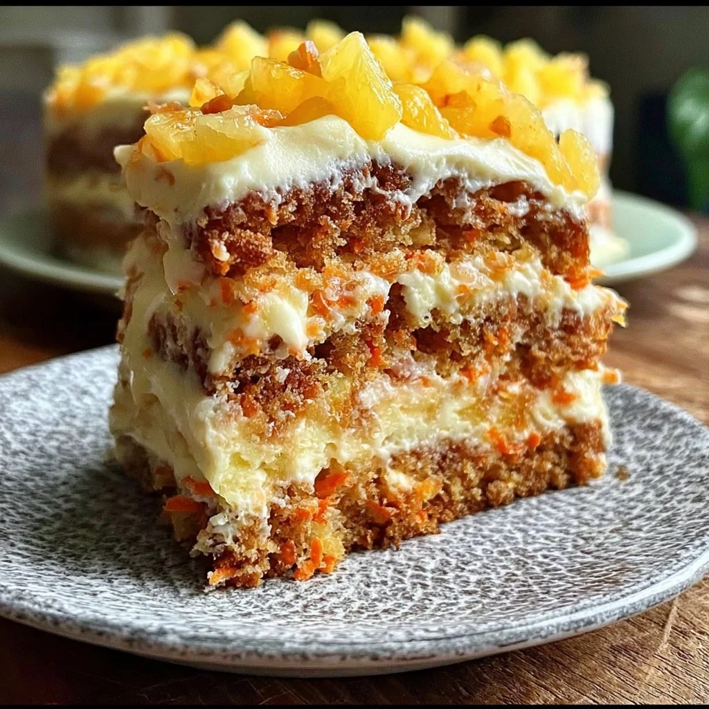 Delicious Pineapple Carrot Cream Cake with cream frosting and pineapple garnishes