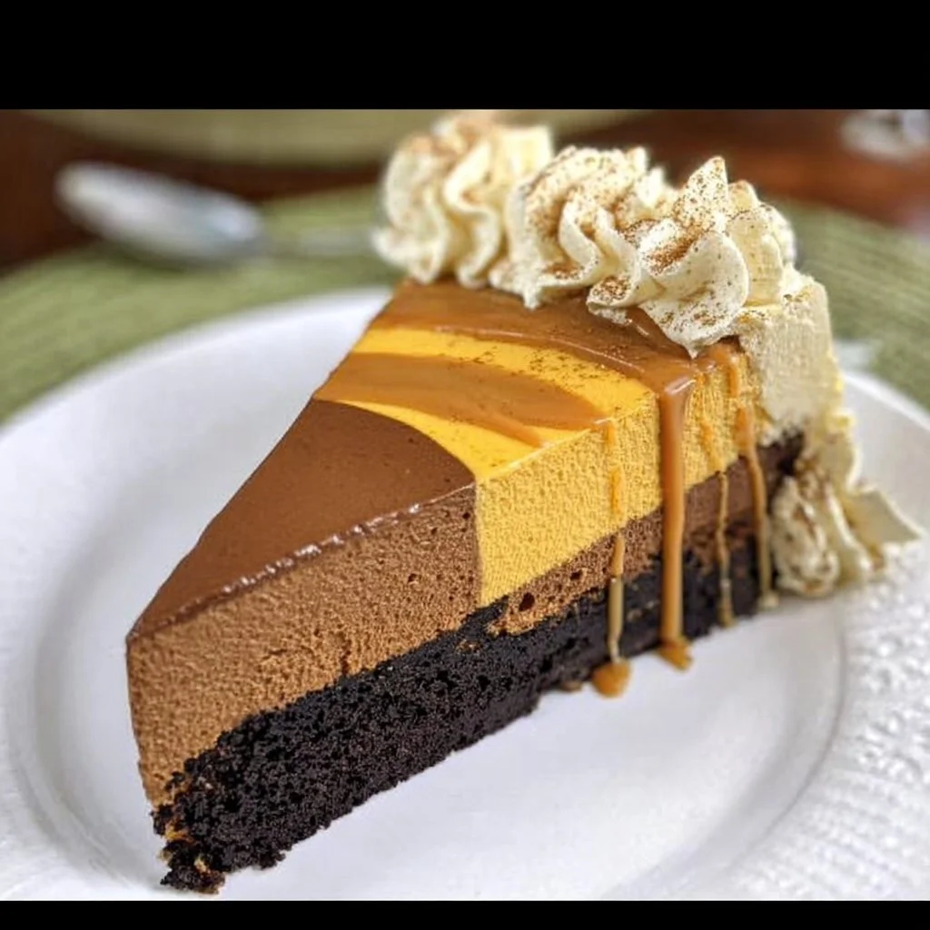 Slice of Pumpkin Chocolate Mousse Cake topped with whipped cream and pumpkin spice