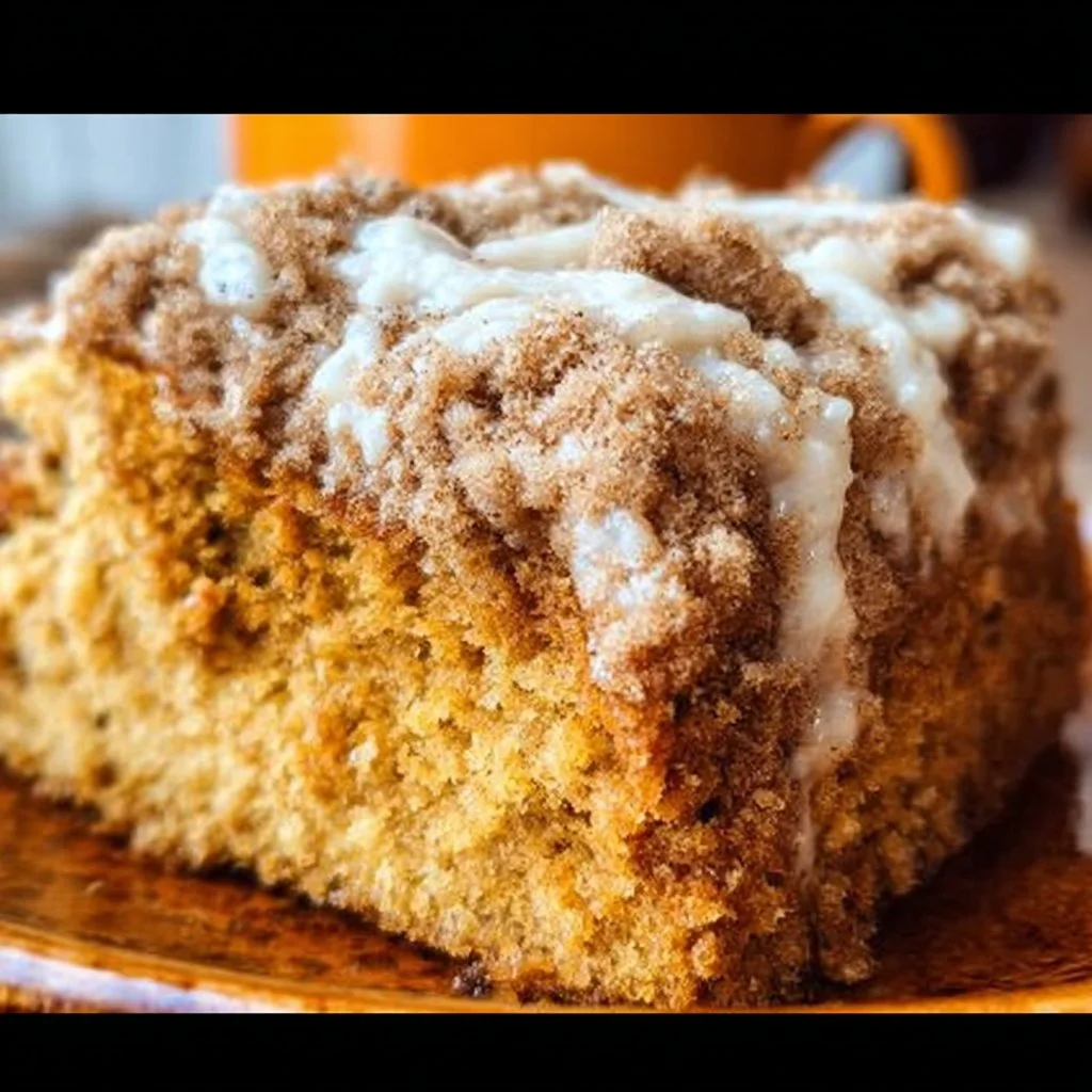 Deliciously moist pumpkin coffee cake served with a sprinkle of cinnamon