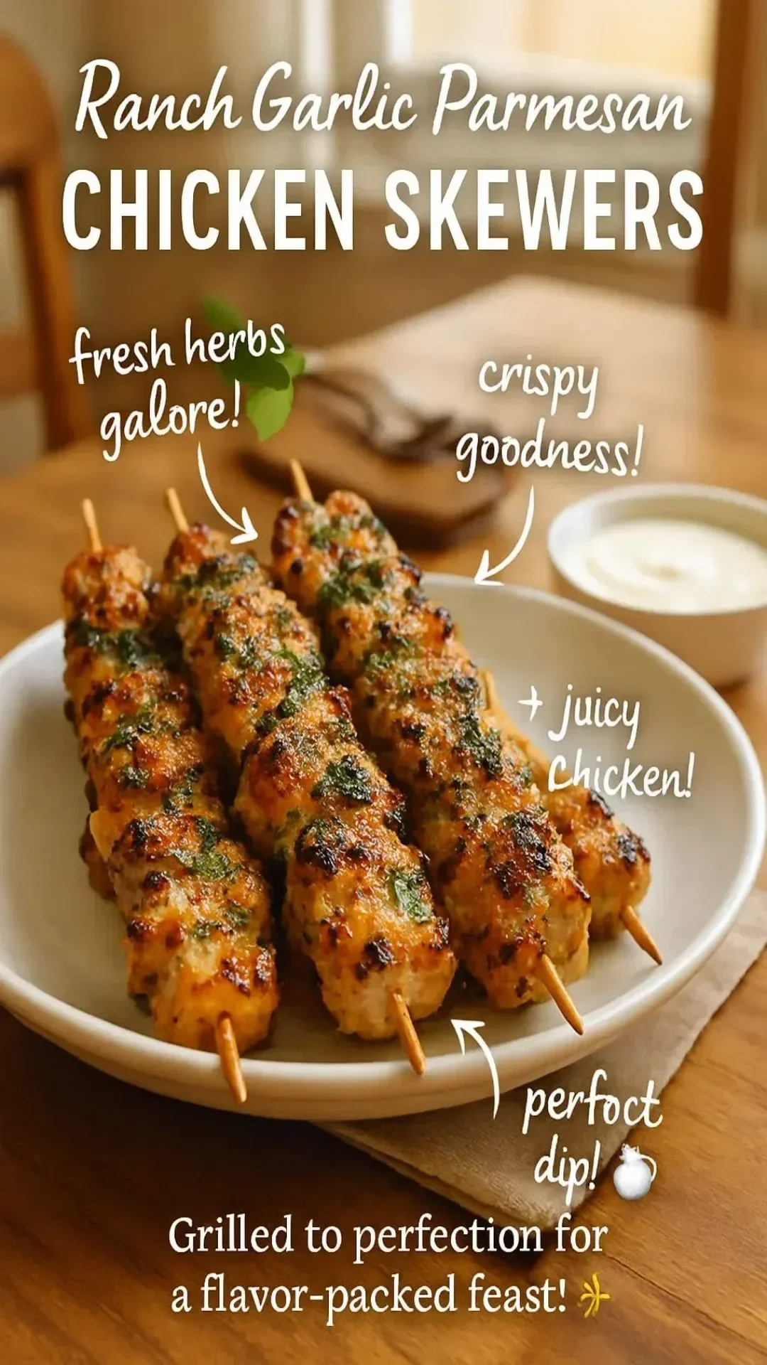 Ranch Garlic Parmesan Chicken Skewers on a plate garnished with herbs