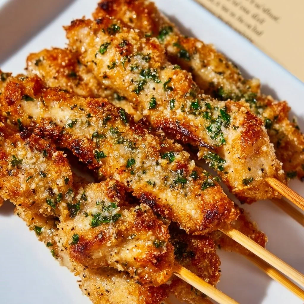 Ranch Garlic Parmesan Chicken Skewers on a plate, garnished and ready to serve.