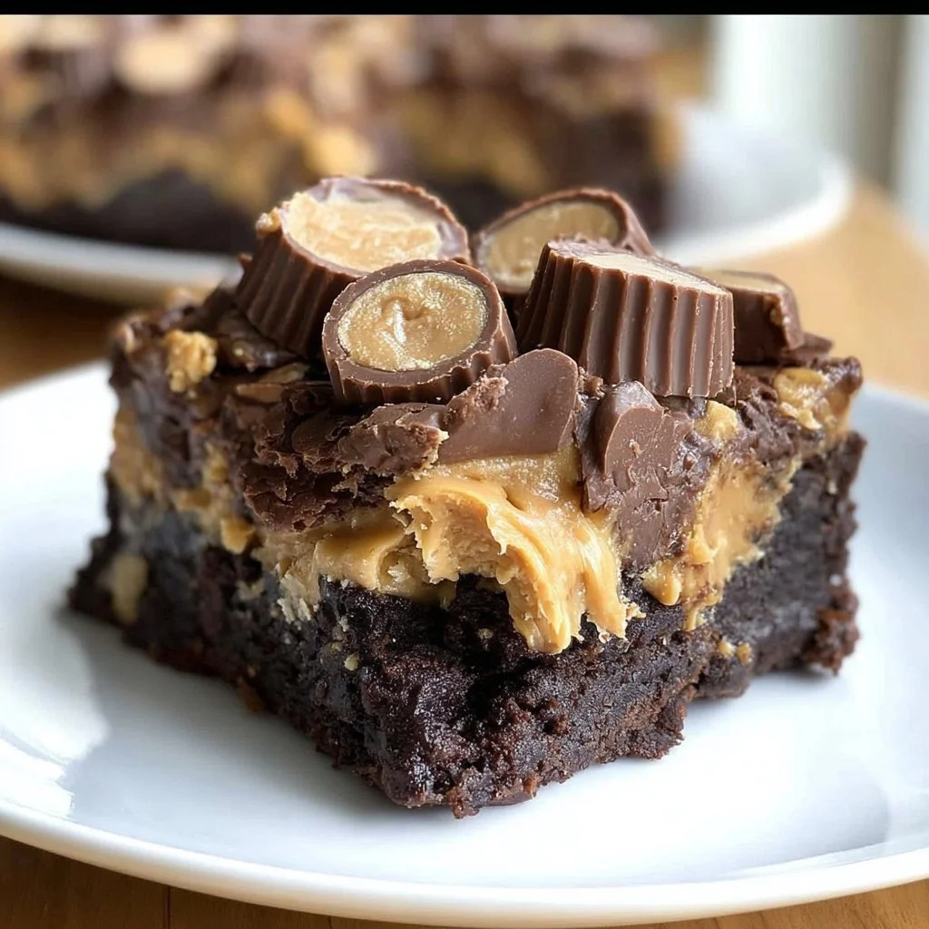 Reese’s Chocolate Peanut Butter Cup Earthquake Cake topped with chocolate and peanut butter
