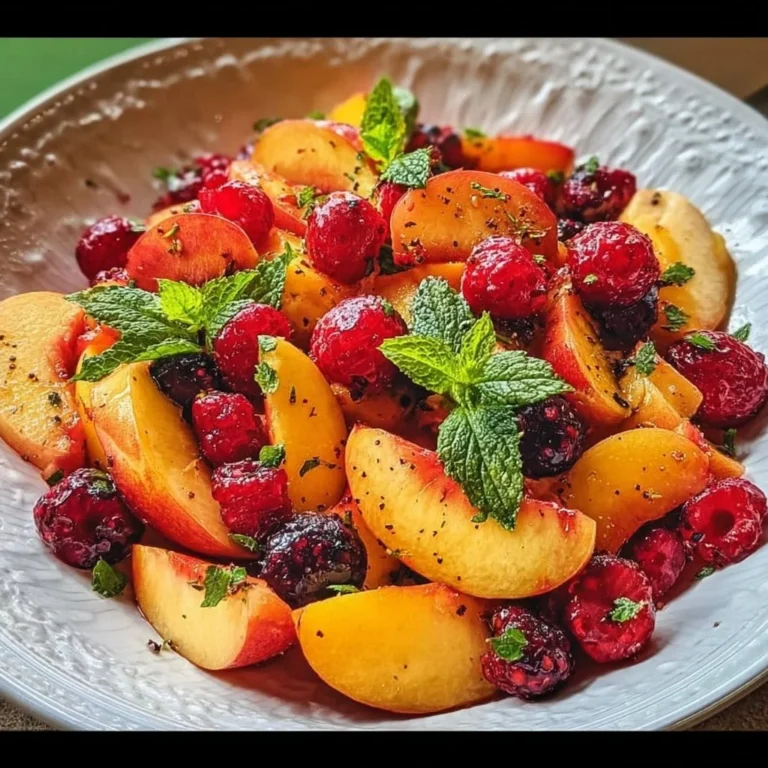 Refreshing peach fruit salad bowl with fresh peaches and berries