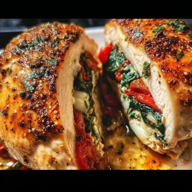 Roasted red pepper, spinach, and mozzarella stuffed chicken on a plate