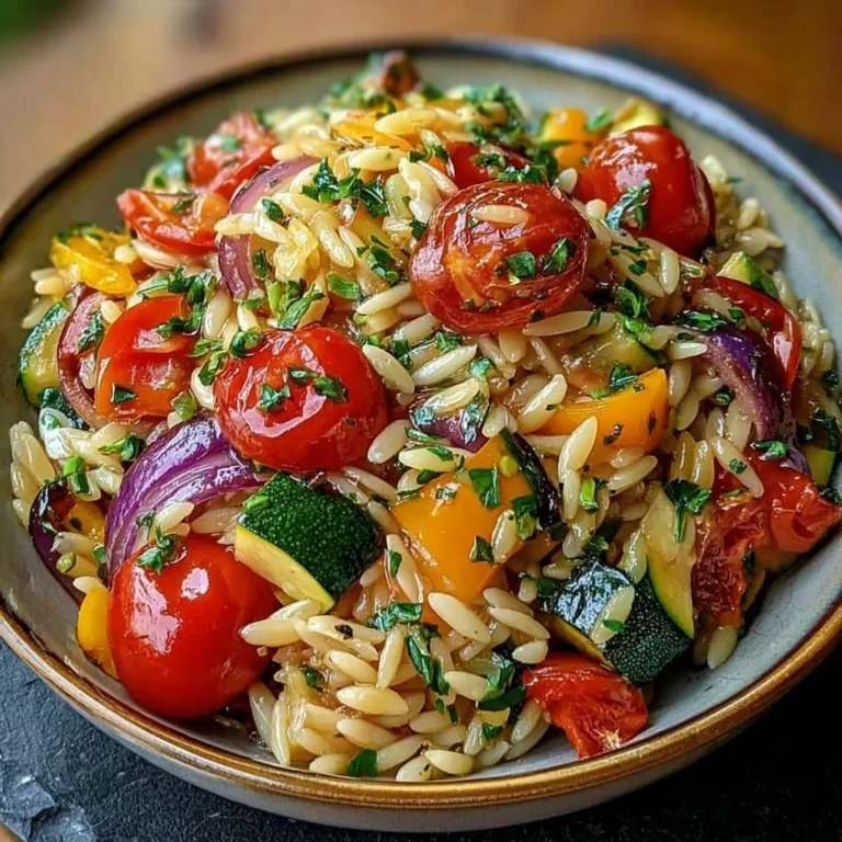 Bowl of roasted vegetable orzo with colorful vegetables and herbs