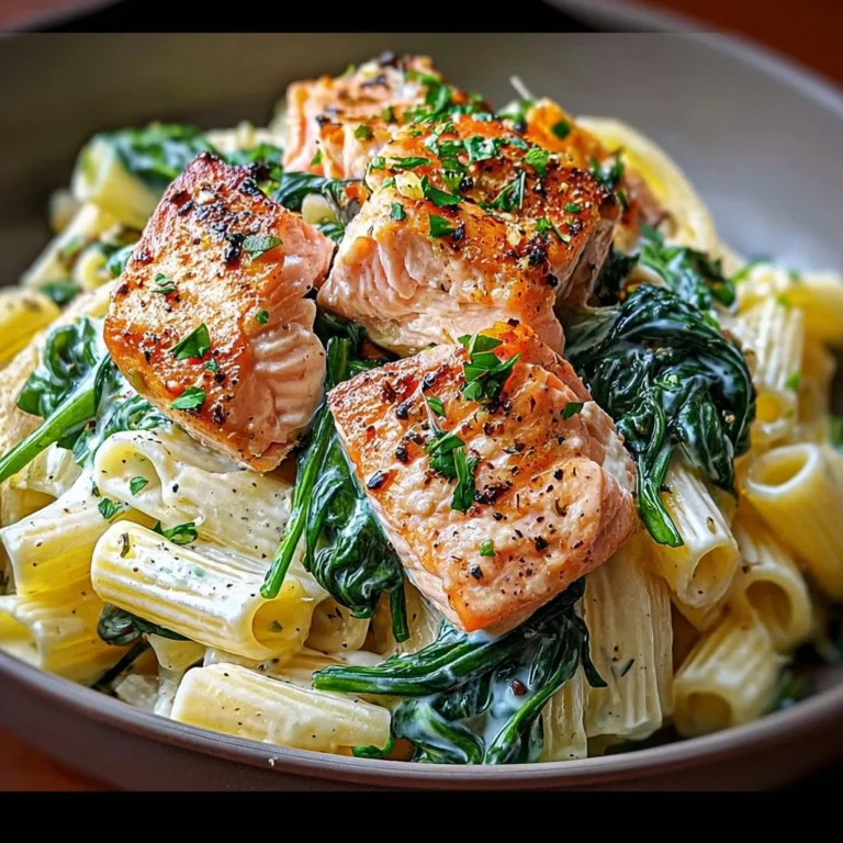 A delicious bowl of salmon spinach pasta garnished with herbs.