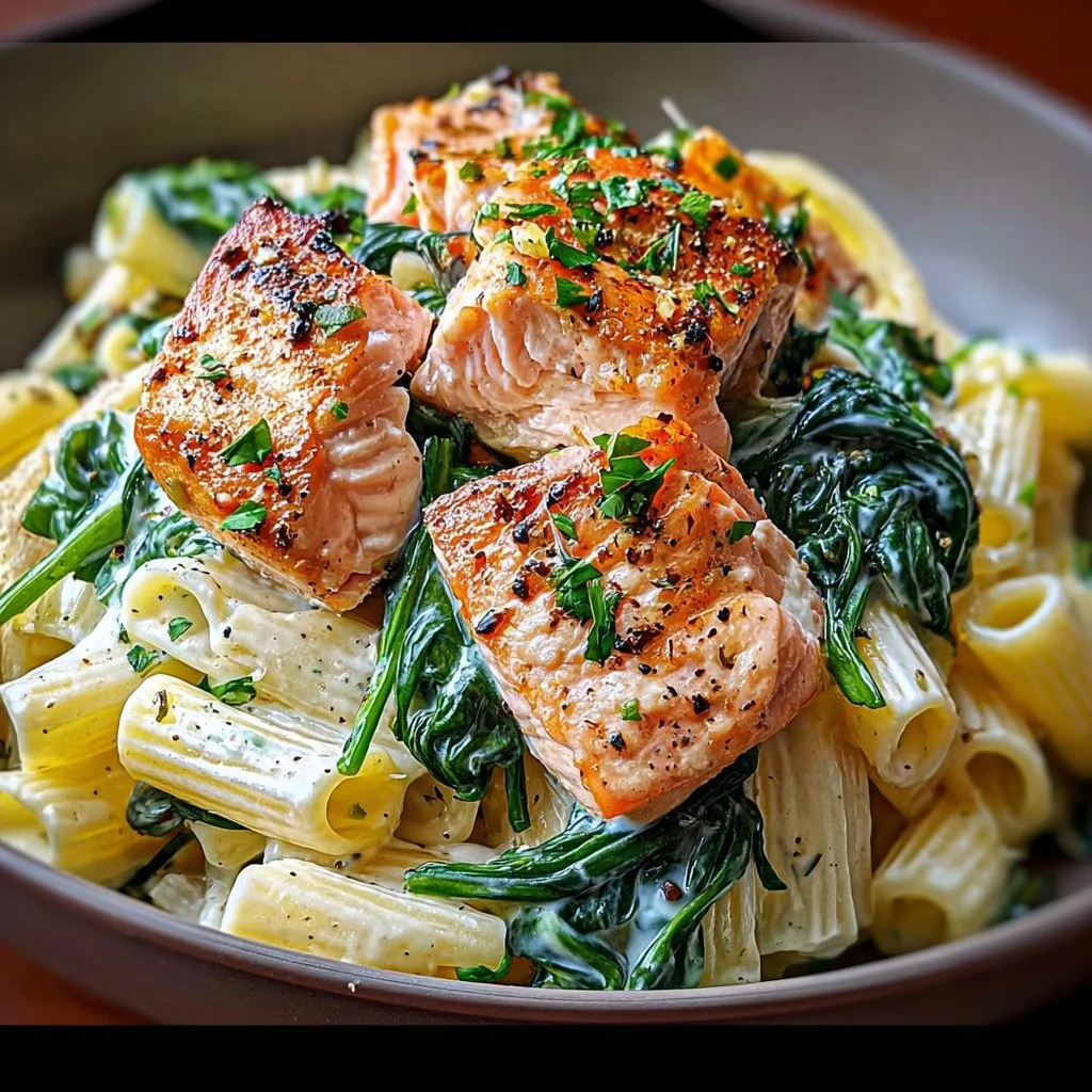 A delicious bowl of salmon spinach pasta garnished with herbs.