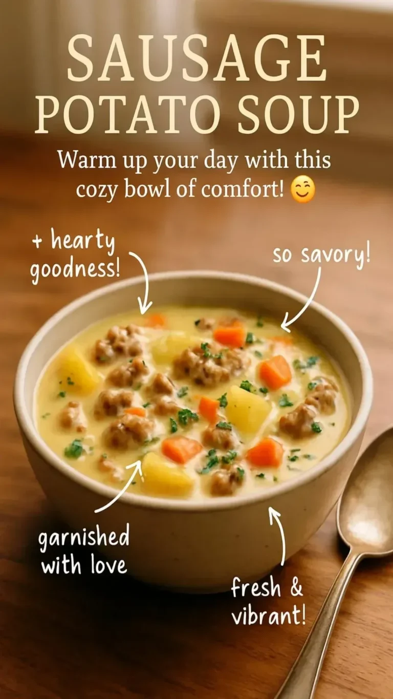 Bowl of homemade sausage potato soup with fresh herbs and vegetables