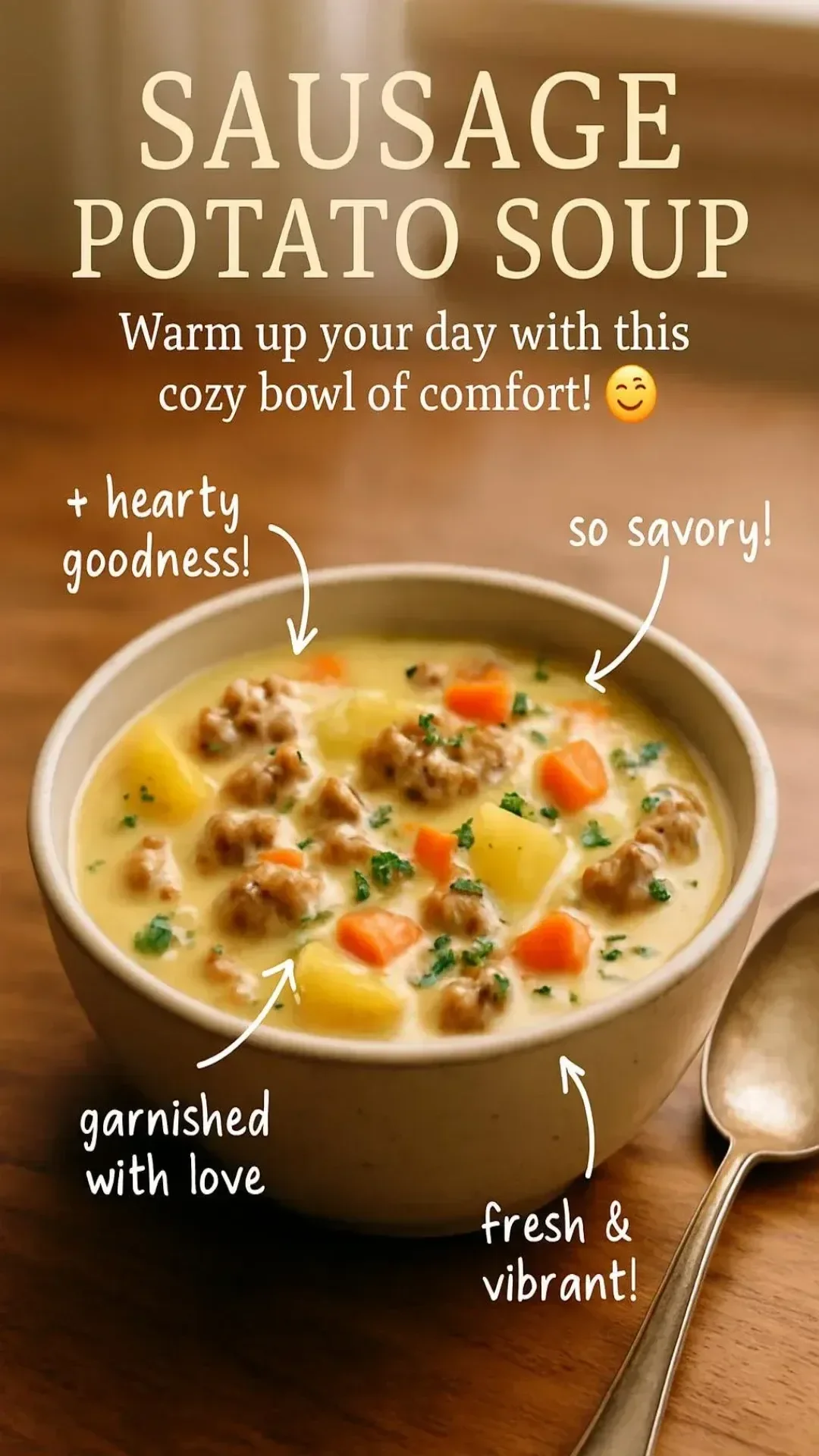 Bowl of homemade sausage potato soup with fresh herbs and vegetables