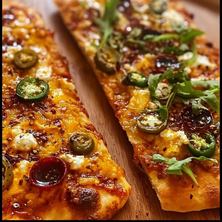 Savory hot honey flatbread pizza garnished with fresh herbs and drizzled with honey.
