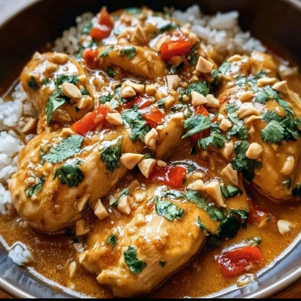 Plate of Slow-Cooked Thai Peanut Chicken with vibrant garnishes