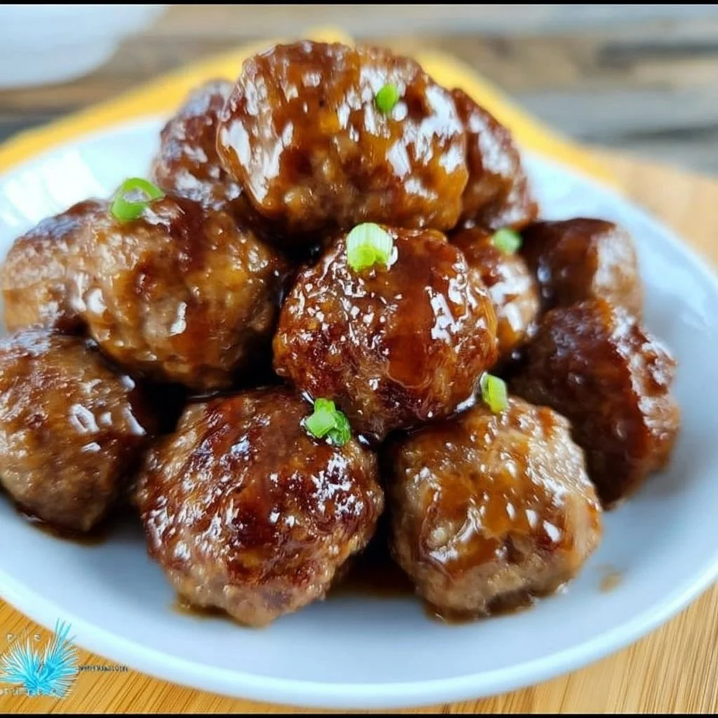 Slow cooker Hawaiian teriyaki meatballs served with rice and garnished with green onions.