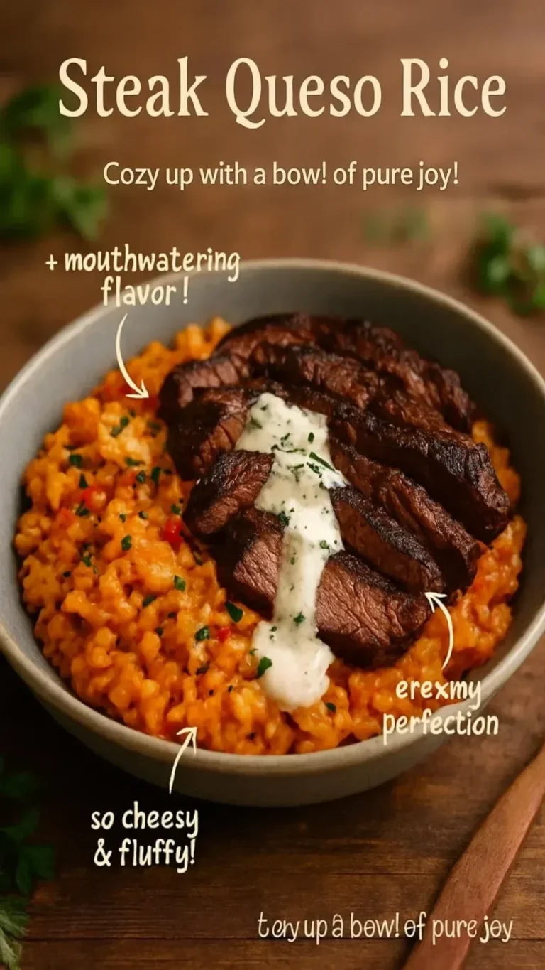 Delicious plate of steak queso rice with melted cheese and seasonings.