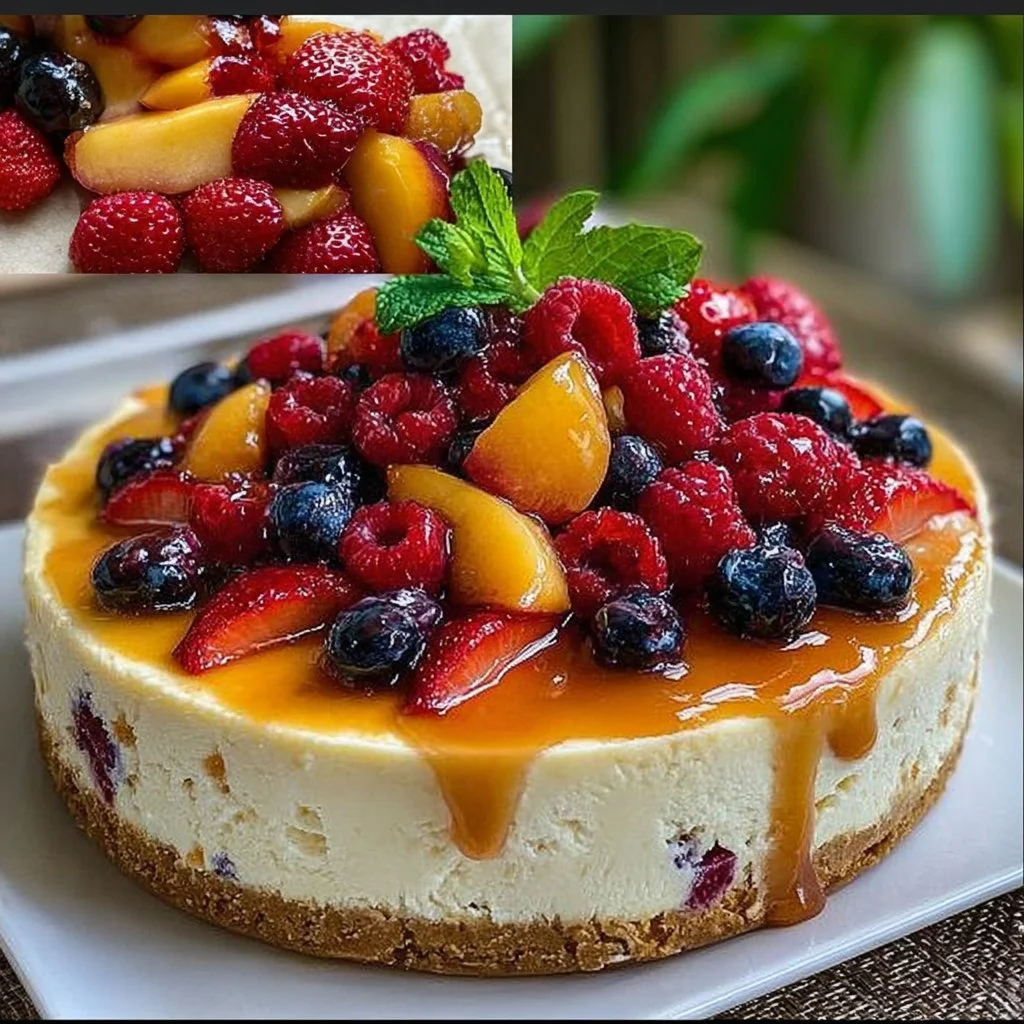Delicious Summer Berry and Peach Cheesecake topped with fresh fruits.