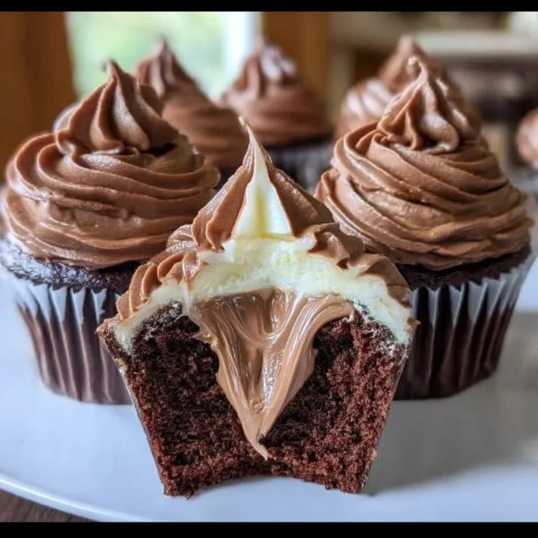 Swirled chocolate cupcakes with creamy chocolate filling topped with frosting