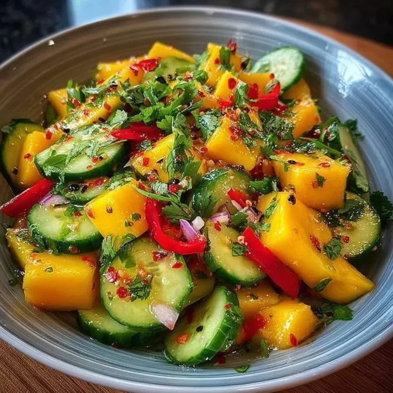 A colorful Thai Mango Cucumber Salad featuring ripe mango, cucumber, and herbs.