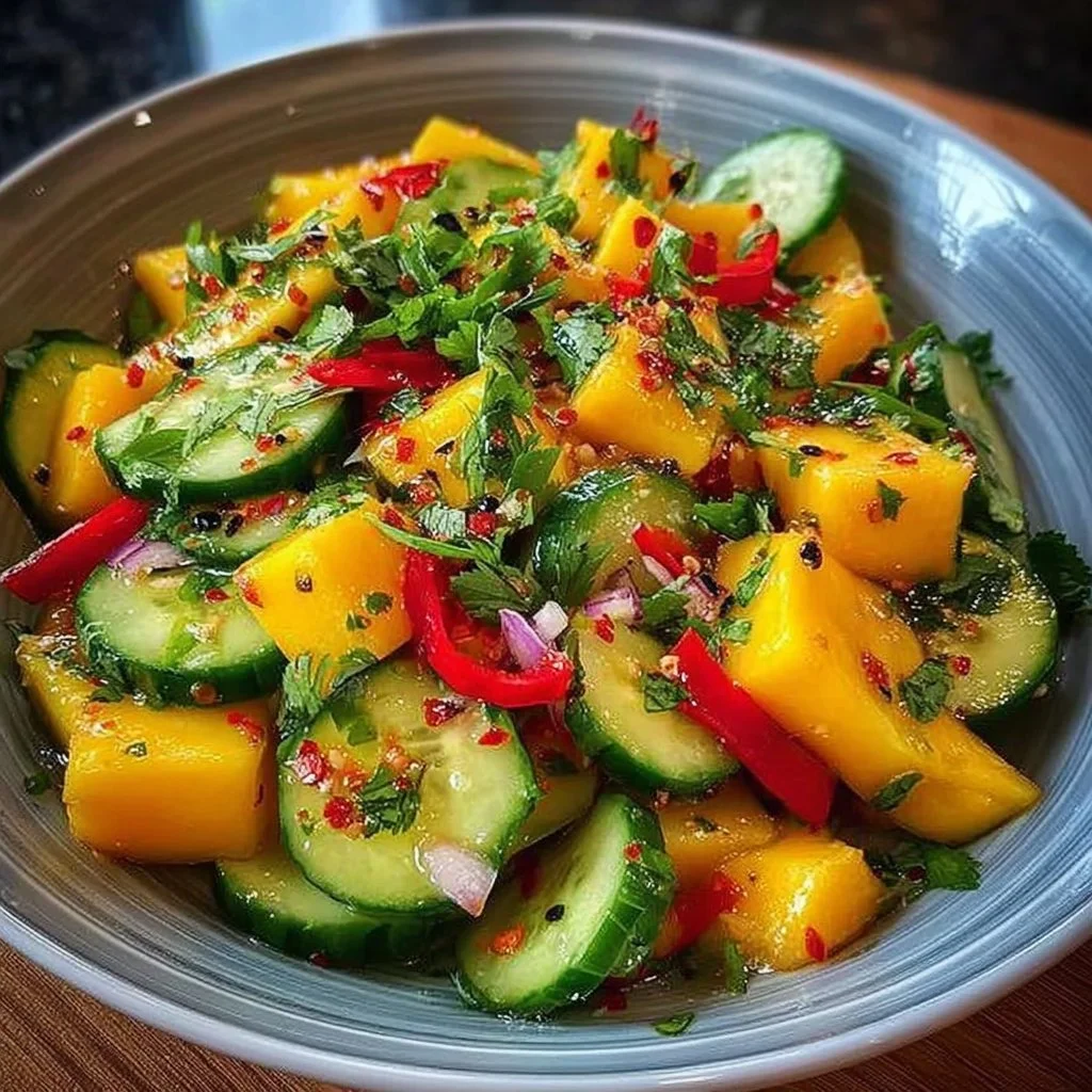 A colorful Thai Mango Cucumber Salad featuring ripe mango, cucumber, and herbs.