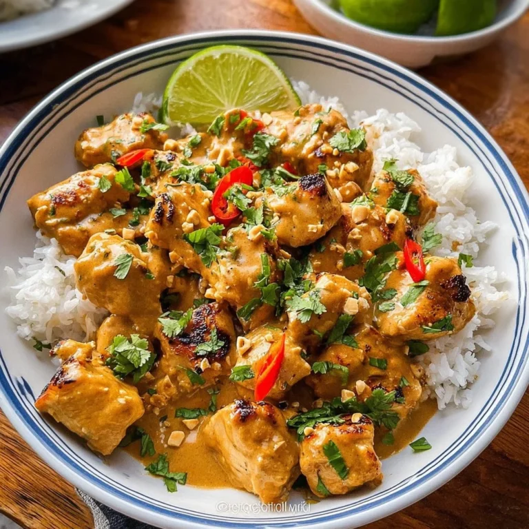 Plate of Thai Peanut Chicken garnished with peanuts and herbs