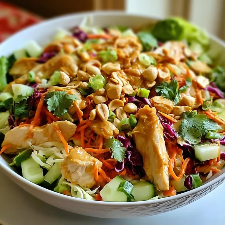 Plate of Thai Peanut Chicken Salad with fresh vegetables and peanut dressing.