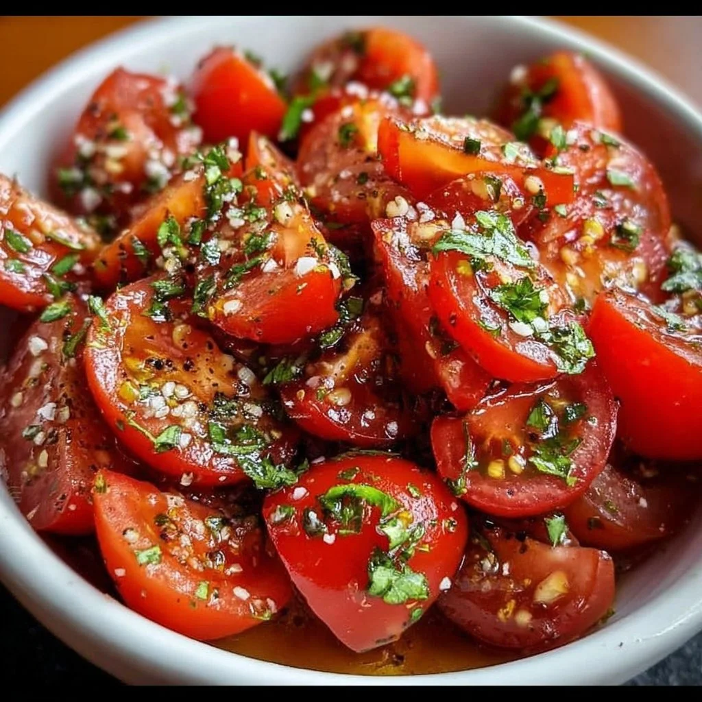 Delicious Tomato Garlic Salad with fresh vegetables and herbs