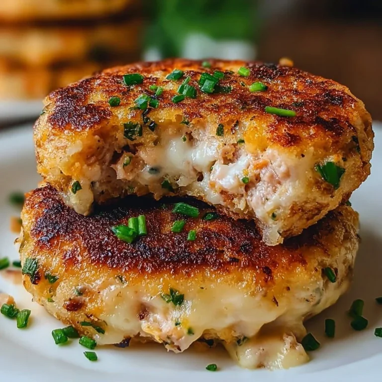 Delicious tuna melt patties served on a plate with melted cheese and herbs.