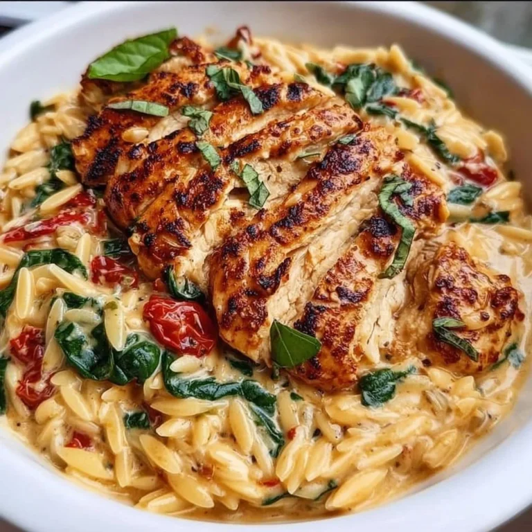 Creamy Tuscan Chicken with Parmesan Orzo on a plate garnished with herbs
