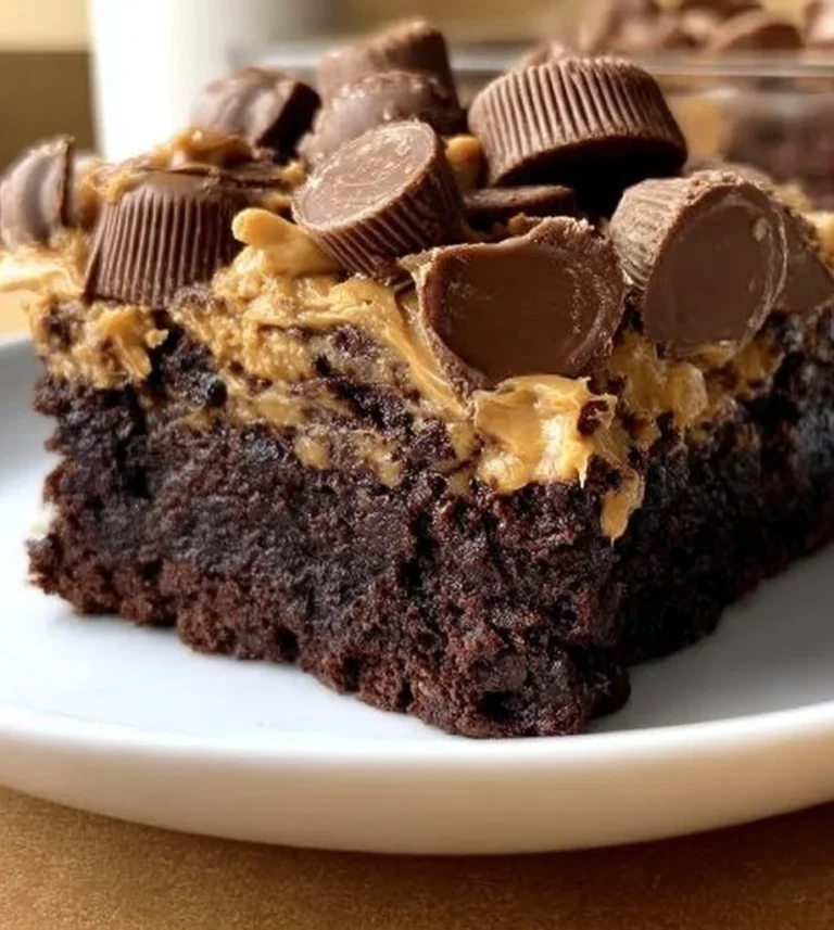 Delicious 1-bowl peanut butter cup dump cake topped with chocolate and peanut butter