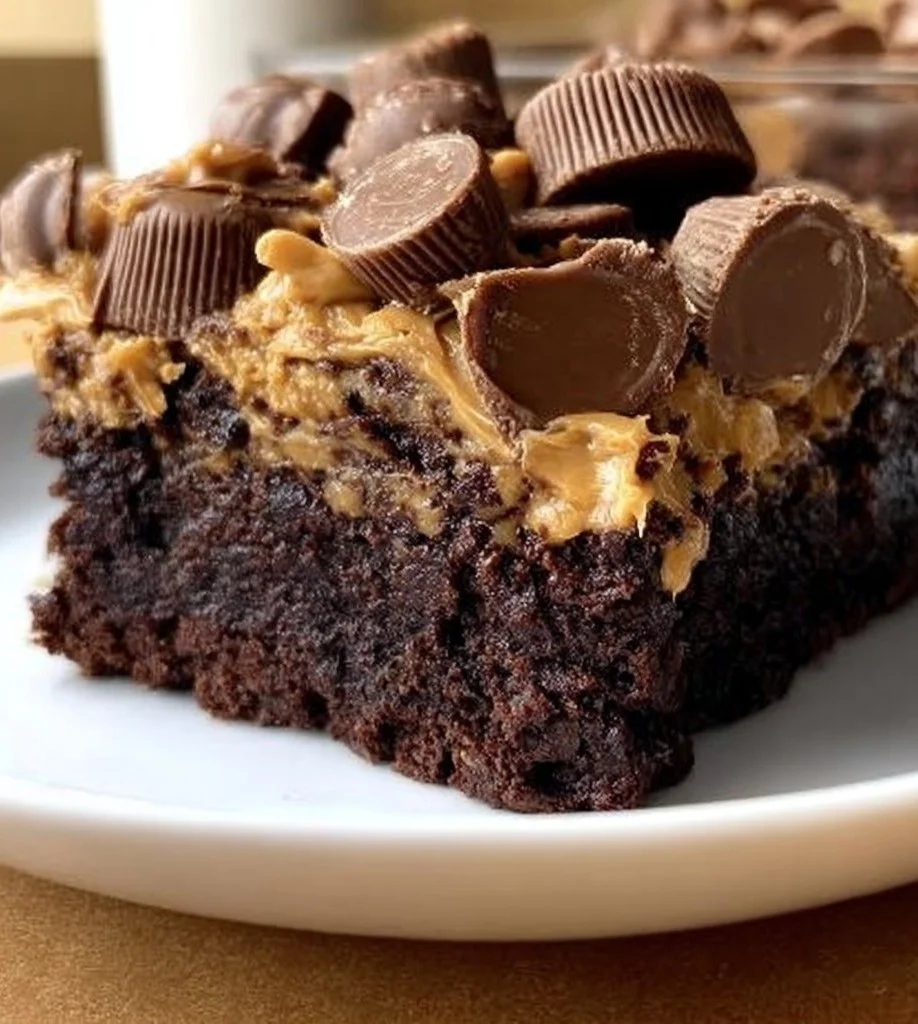 Delicious 1-bowl peanut butter cup dump cake topped with chocolate and peanut butter