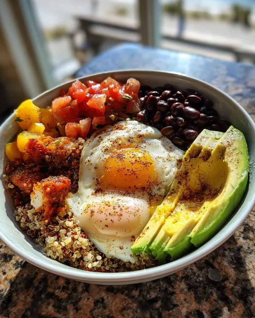 Delicious protein breakfast bowl recipe topped with fruits and nuts for energy.