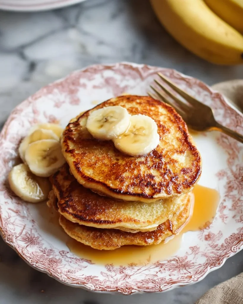 Fluffy 3 Ingredient Banana Pancakes served on a plate with fresh bananas