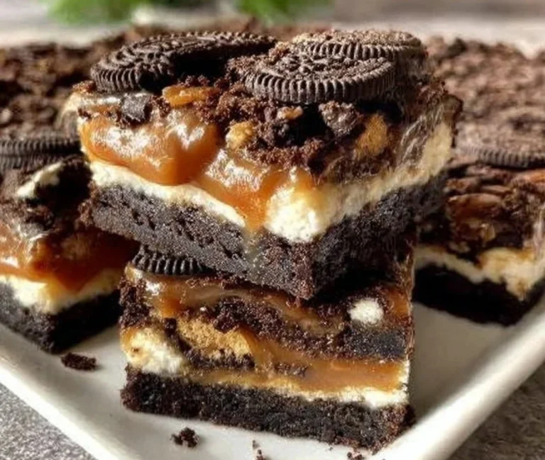 Delicious 4-Ingredient Oreo Caramel Crunch Bars on a wooden platter.