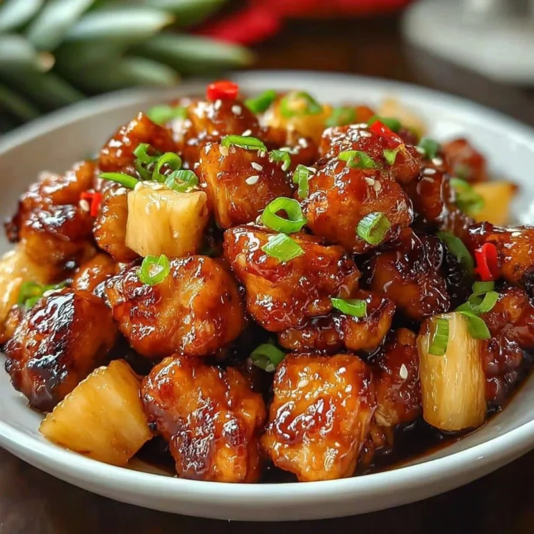 Delicious brown sugar pineapple chicken served on a plate with garnishments.