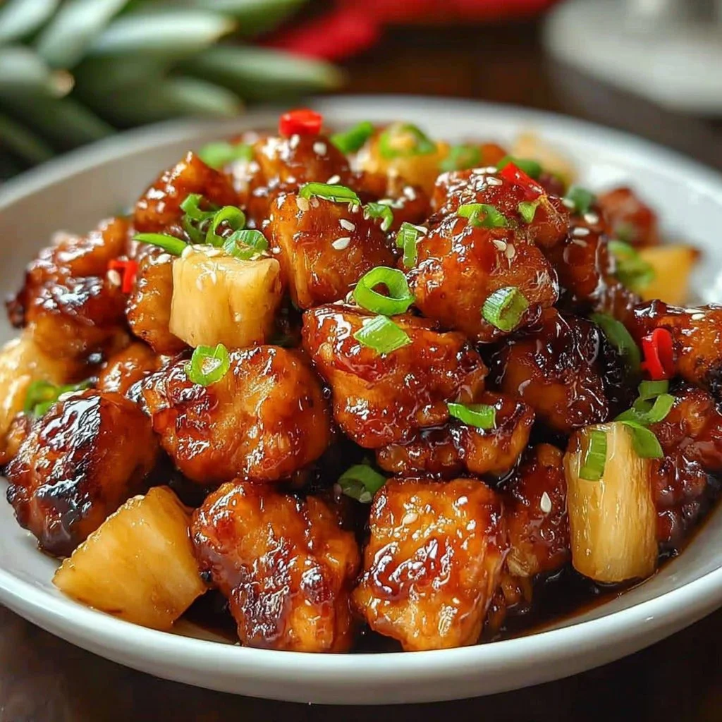 Delicious brown sugar pineapple chicken served on a plate with garnishments.