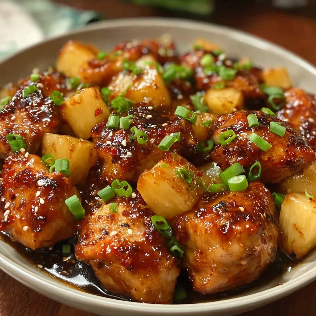 Delicious 5-star Brown Sugar Pineapple Chicken served with rice and garnished with pineapple.