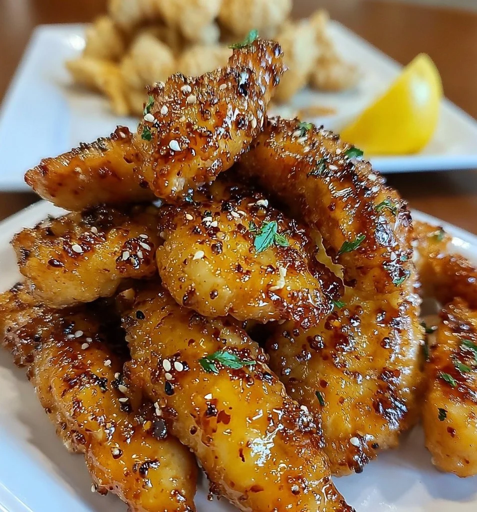 Crispy air fryer honey butter garlic chicken tenders on a plate