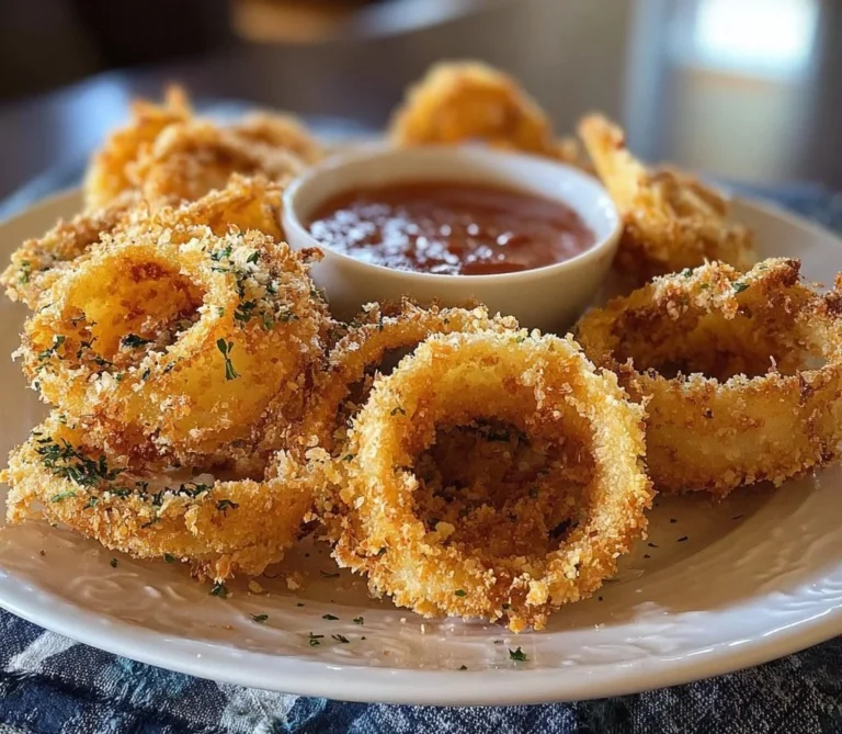 Crispy air fryer onion rings served with dipping sauce