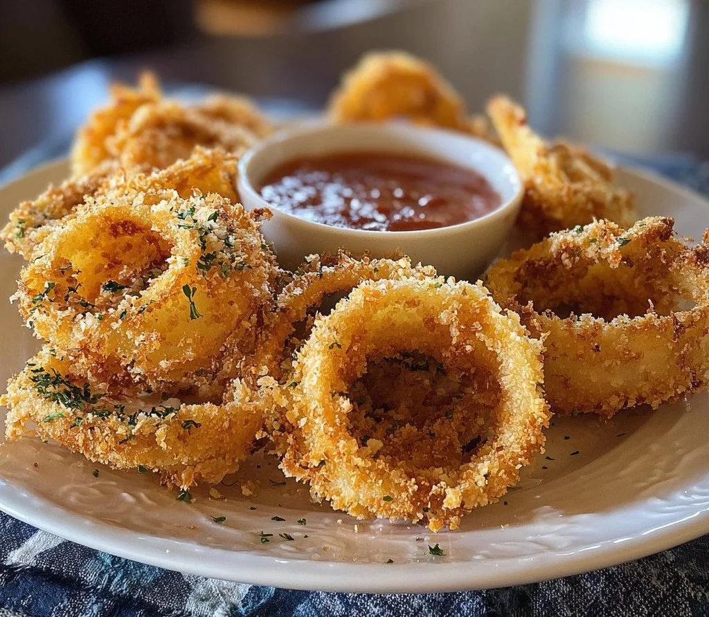 Crispy air fryer onion rings served with dipping sauce