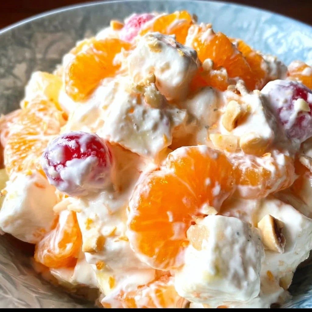 Delicious Ambrosia Salad with fruits and coconut in a creamy dressing