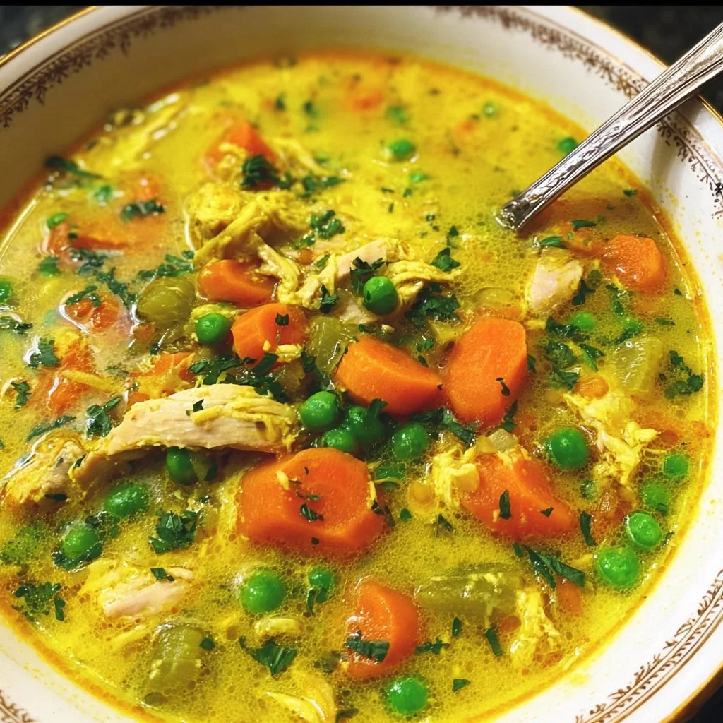 Bowl of anti-inflammatory turmeric chicken soup with herbs and spices