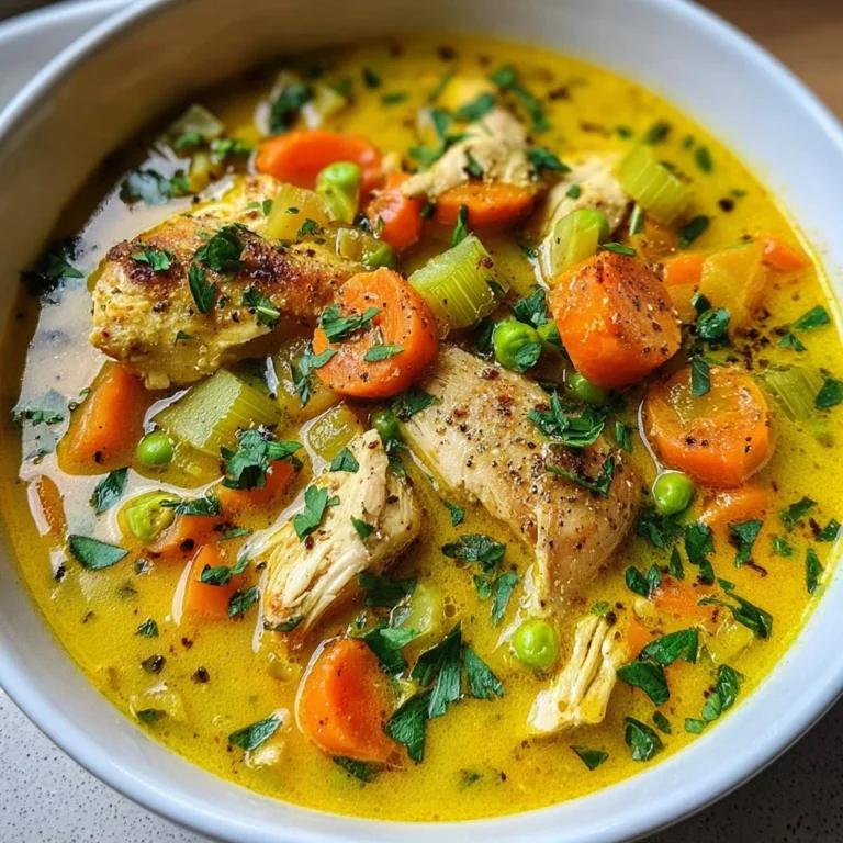 Bowl of anti-inflammatory turmeric chicken soup with herbs and spices.